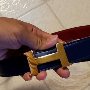 .Vintage Hermes Belt Gold Buckle Blue and Red Belt